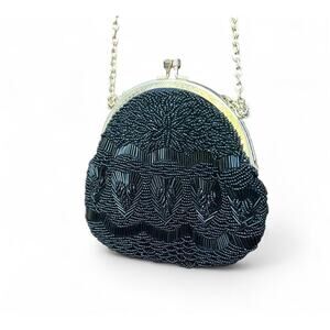 Vintage Black Beaded Clutch Purse With Gold Chain And Gold Etched Detailing